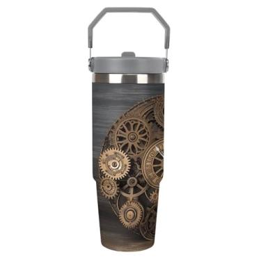 Imagem de BFGWK Copo de carro de grande capacidade de 850 g com parede dupla, isolamento a vácuo, aço inoxidável, steampunk, engrenagens, impressão de relógio, caneca de viagem com canudo, tampa à prova de