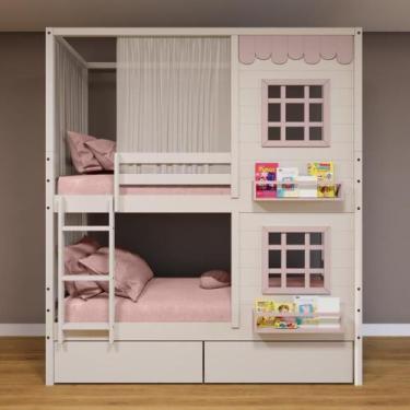 Imagem de Beliche Casinha Reta 2 Janelas 2 Gavetas Cortina Branco Rosa - Housin