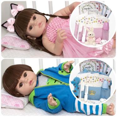 Imagem de 2 Boneca Reborn Barata 100% Silicone Gêmeos + Acessórios - Cegonha Reb