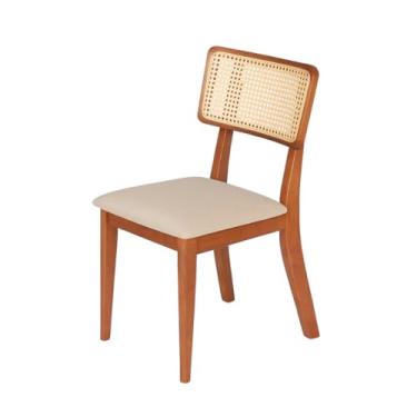 Imagem de Cadeira de Jantar Madeira Maciça Estofada em Linho Bege Claro Encosto Rattan