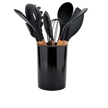 Imagem de Jogo 12 peças Silicone/Madeira Talher Escumadeira Utensilio Cozinha (Azul) (Preto)