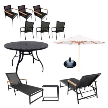 Imagem de Kit Amélia Completo Mesa 1,40m Ripada Alumínio + Cadeiras e Espreguiçadeiras Piscina (Branco)