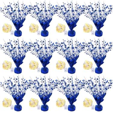 Imagem de 12 conjuntos de mesa de centro de mesa em spray de folha metálica com luzes LED de estrela para mesas, mesa de centro de mesa de festa com glitter metálico explosivo para festa, evento, aniversário,