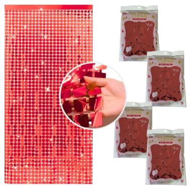 Imagem de Kit 4 Pçs Cortina Shimmer Metalizada Quadradinha 1x2m Painel Decorativo Para Festa Aniversários (Vermelho)