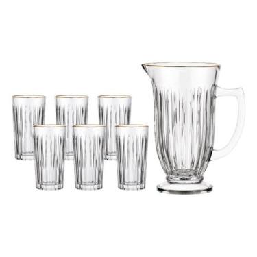 Imagem de Kit Jarra 6 Copos De Vidro Com Borda Dourada Lila hauskraft - Haüskraf