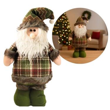 Imagem de Papai Noel Decorativo Natal em Pé Pelúcia Xadrez Verde Premium Roupa e Gorro Crochê 40cm