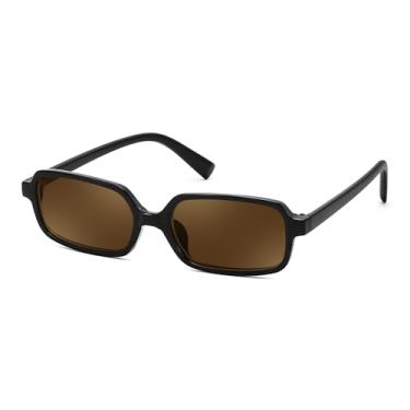 Imagem de FEISEDY Óculos de sol retangulares para mulheres e homens, óculos de sol femininos dos anos 90, armação estreita, moderno, estilo vintage B9167, Armação preta, lente marrom, 50MM