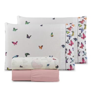 Imagem de LençOl Casal Com Elastico Conjunto De Roupa De Cama,Jogo De LençOl 100% AlgodãO Ponto Palito Estampado 1.98 * 1.58cm (BORBOLETA BRANCA)