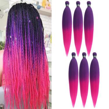 Imagem de Cabelo trançado rosa, roxo, pré-esticado, caixa sem nós, cabelo trança