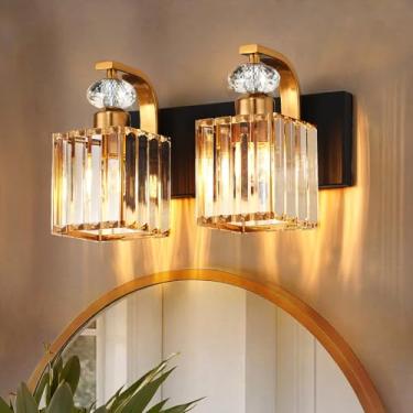 Imagem de Luminária de banheiro moderna, luminária de banheiro dourada preta com 2 luzes sobre o espelho, arandela de parede de cristal de 32 cm para banheiro/quarto/penteadeira, inclui lâmpadas de LED, fácil