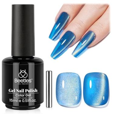 Imagem de Esmalte em gel Beetles Blue Cat Eye – 15 ml, vidro azul, olho de gato, glíter, gel magnético, brilho de absorção, UV Stellar Whisper, coleção de arte de unhas, presentes de manicure para mulheres