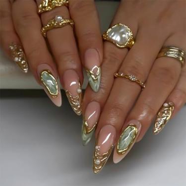 Imagem de RUOKEXIN Unhas postiças de comprimento médio, unhas postiças de amêndoa, glitter dourado, com desenhos, cobertura completa, cola nas unhas, unhas artificiais brilhantes, unhas fofas, 24 peças