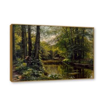Imagem de Moldura externa de teca. Famosas pinturas a óleo, (verão na floresta) por Peder Mork Monsted, reprodução impressa em tela, arte de cenário para decoração de sala de estar. 50 x 70 cm - 19,6 x 27,5 pol