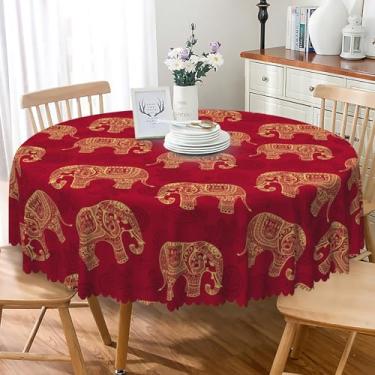 Imagem de SIEDYCV Toalha de mesa redonda com padrão indiano, 178 cm, tecido de elefante, amarelo paisley, vermelho, poliéster, resistente a rugas e óleo, capa de mesa lavável para casamento, festa de