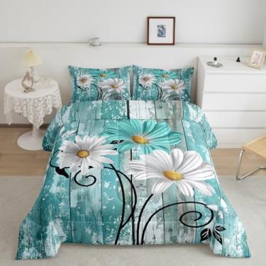 Imagem de Erosebridal Conjunto de cama com flores rústicas, casa de fazenda, floral, azul-petróleo, margarida, campo, decoração de quarto de madeira, edredom de planta, flores silvestres, marrom turquesa