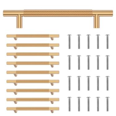 Imagem de LYIYEYAN Puxador de armário de liga de alumínio, 10 peças, puxador moderno para gaveta de cozinha, puxador de armário de 19 cm de comprimento, orifício central de 12 cm, preto/dourado para armário de