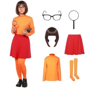 Imagem de SERTAS Fantasia feminina de Halloween para adultos, blusa de gola rolê laranja, saia vermelha, peruca bob marrom, meias, óculos e lupa