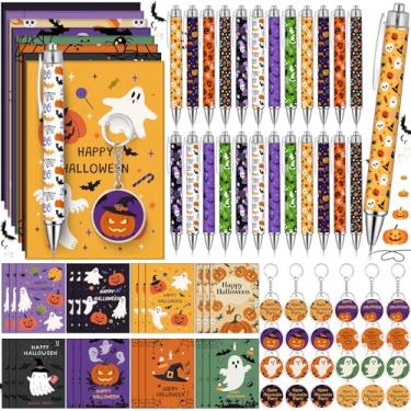 Imagem de AmazingSpark 24 conjuntos de canetas esferográficas e chaveiros de bolso, caderno, presentes, doces ou travessuras, lembrancinhas de festa de Halloween, caneta fantasma para estudantes, professores