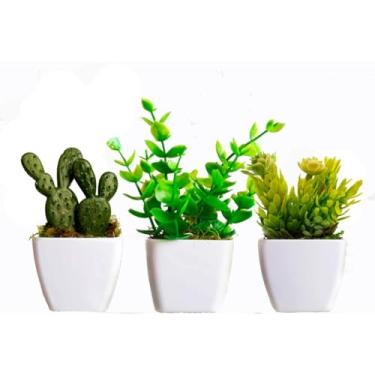Imagem de Kit 3 Vasinhos com Plantas Artificiais - Cerejeira, Palmeira e Suculentas para Decoração(KIT COM CACTO VASO QUADRADO)