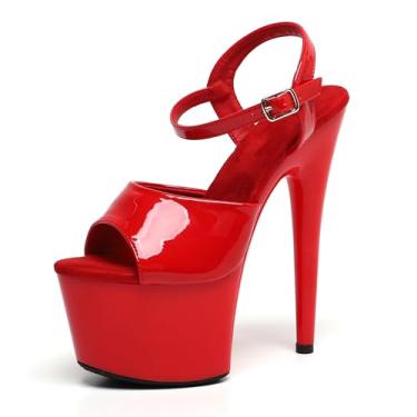 Imagem de WUXIN H&P Sandália feminina plataforma de 17,8 cm com tira no tornozelo sexy, plataforma de salto alto de 17,78 cm, plataforma exótica de 17 cm, salto stiletto, Vermelho, 43