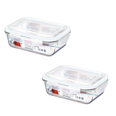 Imagem de Kit 2 Pote Vidro Hermético Marmita Tampa Plástico 640Ml