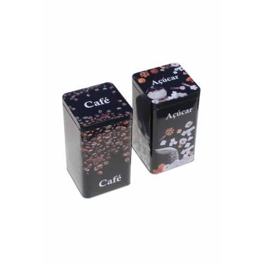 Imagem de Kit 2 Pote Lata Preto Porta Mantimentos Metal Café Açúcar