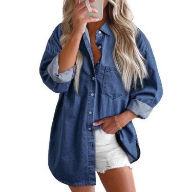 Imagem de Camisa jeans Astylish feminina com decote em V com botões, azul marinh