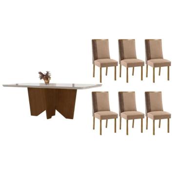 Imagem de Conjunto Sala de Jantar Nevada c/ Tampo Madeirado c/ Vidro Canto Curvo 180x90cm e 6 Cadeiras Tilia Madeira Maciça Naturale/Off White - Capuccino/Linho