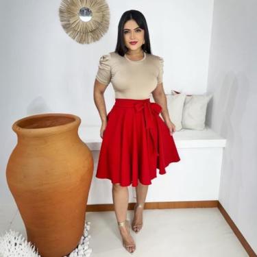 Imagem de Saia Midi Godê Moda Evangélica Feminina - Miss Flower, Vermelho, PP