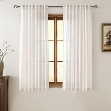 Imagem de Cortinas de linho creme, 160 cm de comprimento, conjunto de 2 painéis para sala de estar, bolso traseiro, varão, semitransparente, filtro de luz, cortina de janela para quarto de 160 cm de comprimento
