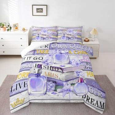 Imagem de Erosebridal Edredom floral moderno azul roxo tamanho casal para meninas mulheres fantasia estética moderna conjunto de cama boho engraçado bonito Paris roupa de cama perfume preppy sonhador azul