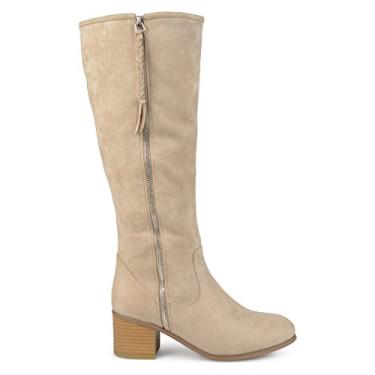 Imagem de Botas femininas de salto de madeira de cano médio de camurça sintética da Brinley Co., Beige Wide Calf, 11