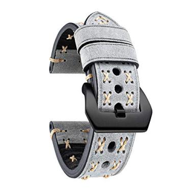 Imagem de BINLUN Pulseira Couro Legítimo Cavalo Louco Couro Óleo Rustico Camada Superior Artesanal Formato X Rota Homens Mulheres Fivela Preto Prata, 22mm Cinza-C/Fivela Preto