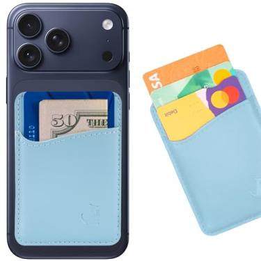 Imagem de Suporte de cartão de telefone de couro premium – Carteira adesiva para smartphones iPhone e Android – Estilo minimalista com forro antiderrapante protege até 3 cartões de canguru (couro azul pastel) da Wallaroo