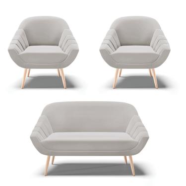 Imagem de Kit 01 Namoradeira 02 Lugares e 02 Poltronas Giovana Veludo Cinza Pés Palito Natural - D'Rossi