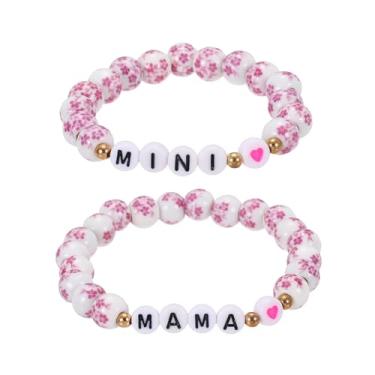 Imagem de PATIKIL Conjunto de pulseiras de contas mãe e filha, 2 peças MAMA e MINI com elos de coração combinando pulseira de porcelana azul e branca feita à mão com cordão elástico com bolsa para presente de