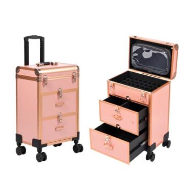 Imagem de Estojo de maquiagem 3 em 1, estojo de cosmetologia profissional sobre rodas, bolsa de maquiagem transparente removível e organizador de esmalte, carrinho de maquiagem portátil com gavetas para