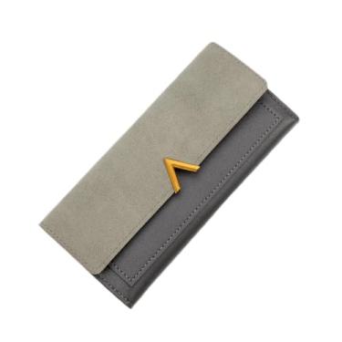 Imagem de Carteira feminina com dobra tripla – Porta-cartões de couro PU fino com vários compartimentos, organizador de dinheiro longo e dobrável, Cinza, Moderno