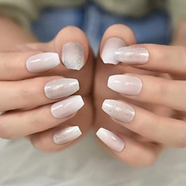 Imagem de Unhas postiças médias de caixão rosa claro ombré glitter unhas postiças capa completa brilhante kit de unhas postiças para mulheres - 24 peças/conjunto