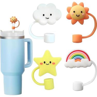 Imagem de 4 tampas de cobertura de palha de silicone de flores para copo Stanley, tampas de palha reutilizáveis compatíveis com copos de 30 e 1,134 g, acessórios de copo Stanley à prova de poeira