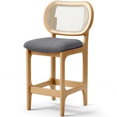 Imagem de Banqueta Baixa Bar Cozinha Sala De Jantar Betta L02 Mel Tela Linho Cinza Escuro - Lyam Decor