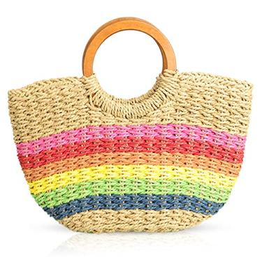 Imagem de QTKJ Bolsa feminina semicírculo de palha de vime, bolsa tiracolo de palha retrô de verão com alça redonda de madeira (cáqui e arco-íris)