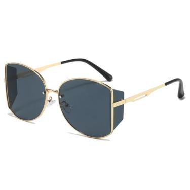 Imagem de HCHES Óculos de Sol Femininos com Armação Grande, Redonda, Envolvente, Estilo Fashion, Proteção UV400, em Metal (Cinza Dourado)