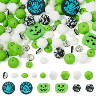 Imagem de Magibeads 102 peças de contas de silicone de Halloween para canetas, tema verde, resina, redondo, abóbora, abaco, latão, strass, contas, contas focais de Halloween para fazer chaveiros, canetas com