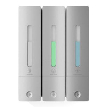 Imagem de Dispensador de xampu e condicionador – Dispensador de sabão de chuveiro de 3 câmaras montado na parede, sem broca, capacidade de 1200 ml, para banheiro e hotel