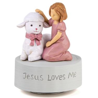 Imagem de Caixa de música Jesus Loves Me, estatueta musical de batismo para meninas com cordeiro, presente religioso pintado à mão para bebês cristãos, batizado, primeira comunhão, Páscoa, Natal, toca a melodia