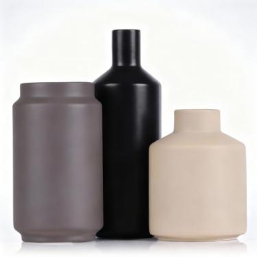 Imagem de Conjunto de 3 vasos de cerâmica, vasos decorativos rústicos para casa de fazenda, vasos de cerâmica para buquê, grama pampa, flores frescas secas, mesa, sala de estar, cozinha (preto, cinza e marfim)