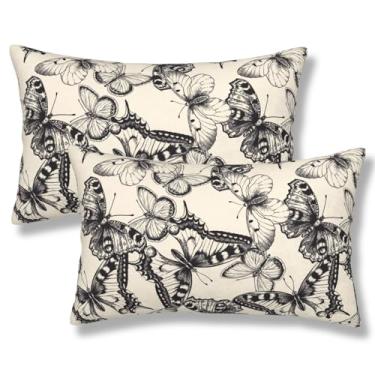 Imagem de ZYNTIRAX Capas de almofada borboleta borboletas pretas e brancas capa de almofada lombar 30 x 50 cm conjunto de 2 fronhas retangulares com padrão de borboleta vintage para sofá de cama