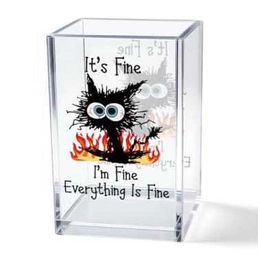 Imagem de Vgrti It's Fine I'm Fine Porta-canetas de acrílico cosmético, copo engraçado para gatos pretos, presente para amantes de gatos para mulheres e homens, presentes sarcásticos de escritório para mulheres