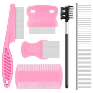Imagem de Pacote com 6 pentes de pulgas para cães e gatos, pente de piolhos de aço inoxidável de dentes finos e largos, ferramenta de remoção de carrapatos, removedor de manchas de lágrimas, escova de